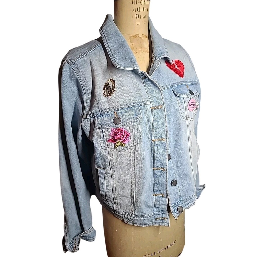 Vintage Denim Jacket Red Rose Make Love Not War Patches Jr XL Y2Kque